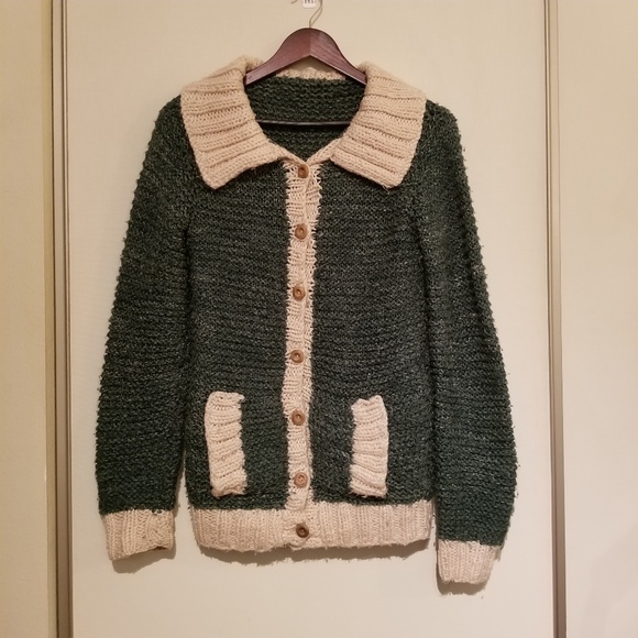 Other - Vintage Knit Green Cream Cardigan Winter Sweater